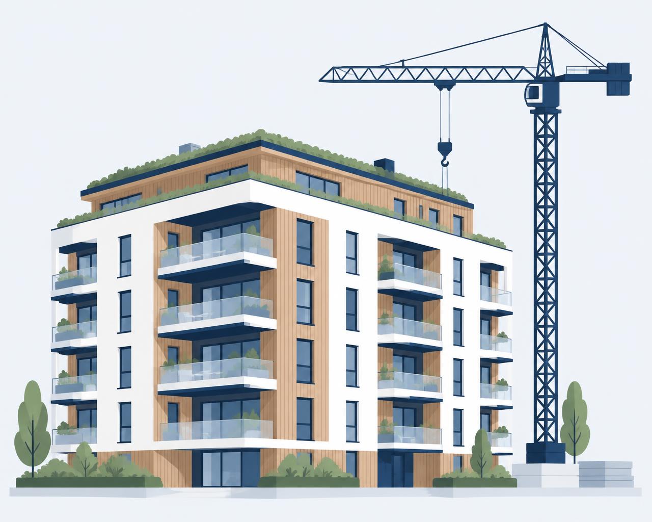 Illustration d'un immeuble de logements à balcons et bardage bois en fin de chantier, à côté d'une grue
